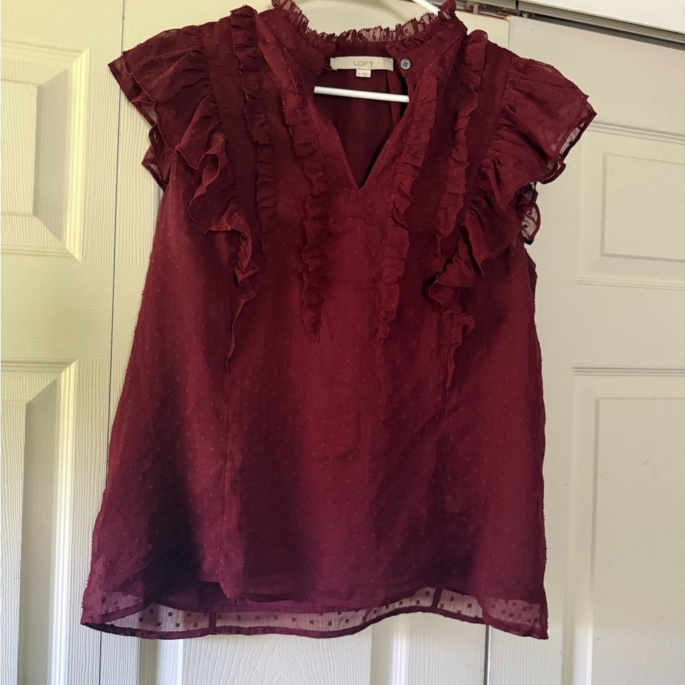 LOFT Burgundy Ruffle V-Neck Cap-Sleeve Blouse